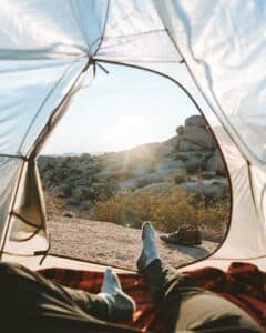 Desert camping in tent.
